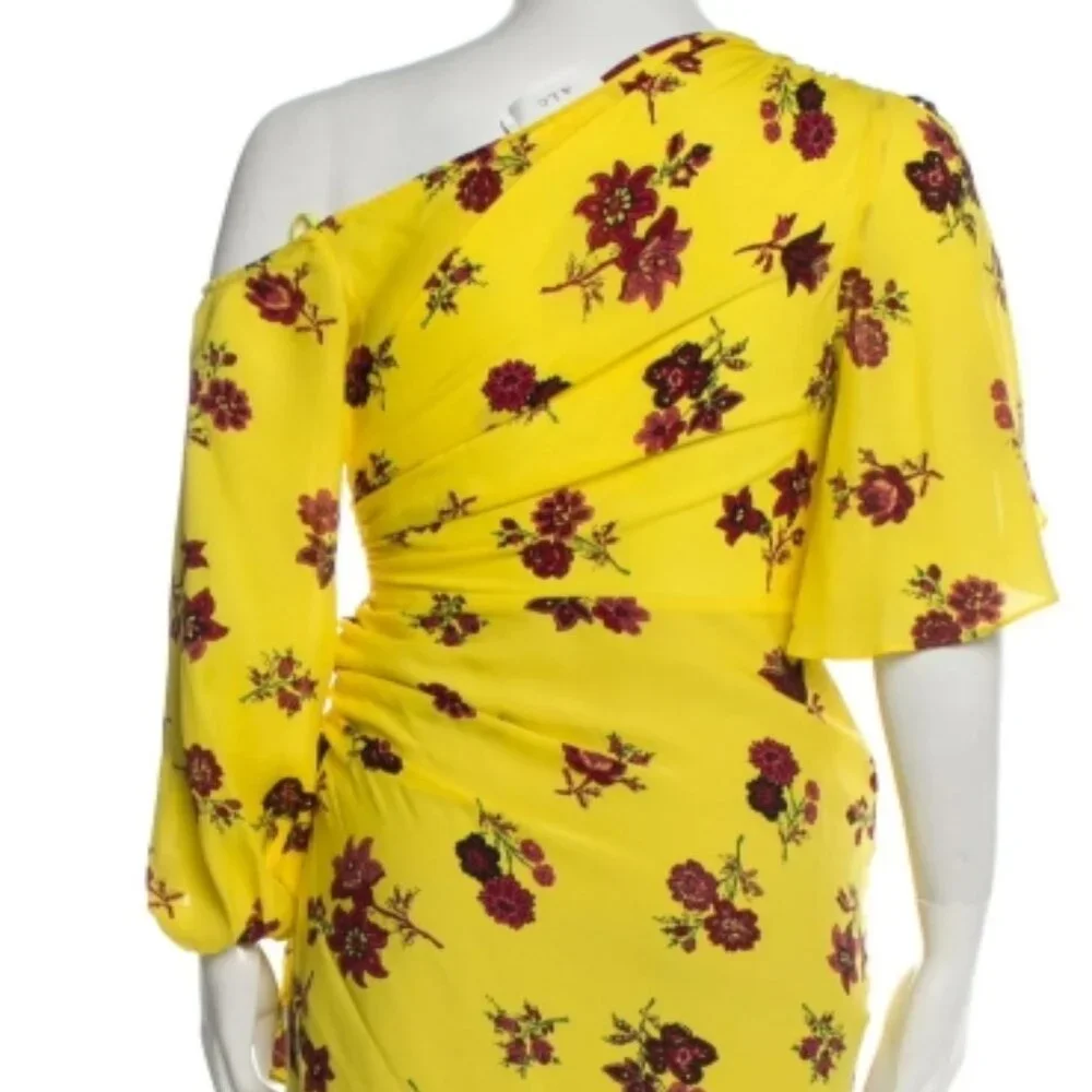 A.L.C Silk Florence Floral Ruffles Asymmetrical Midi Dress Linsey Yellow XS $675